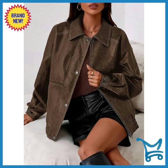 Oversized Faux Leather Bomber Jacket Women's Motorcycle Style Zip Up - Picture 7 of 8